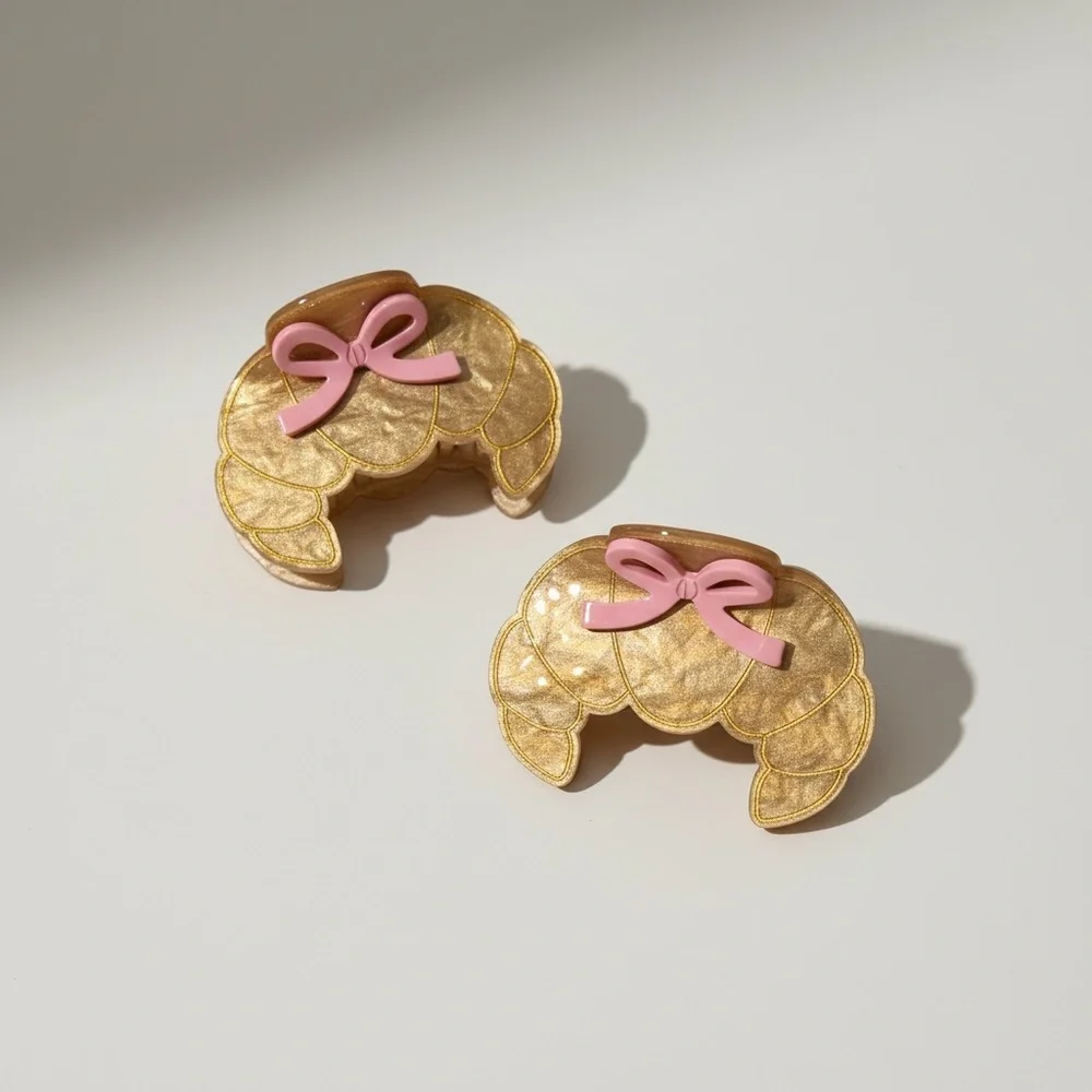 🎀 🥐 NEW Set Pink Bow Croissant Claw Clips Hair Accessories 🥐 🎀